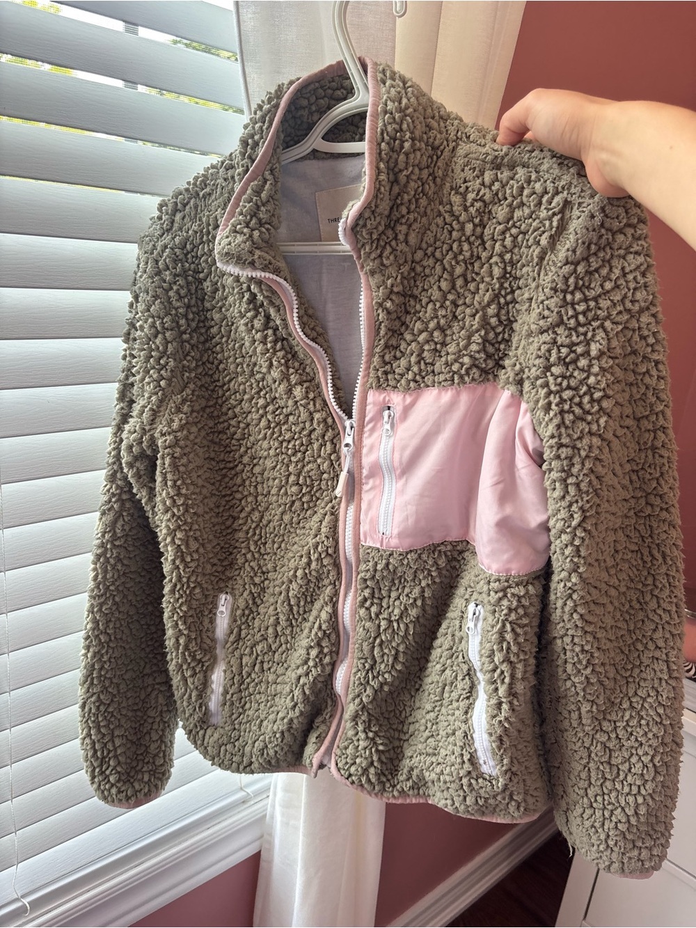 Thread & Supply Olive Sherpa Jacket with Pink Trim